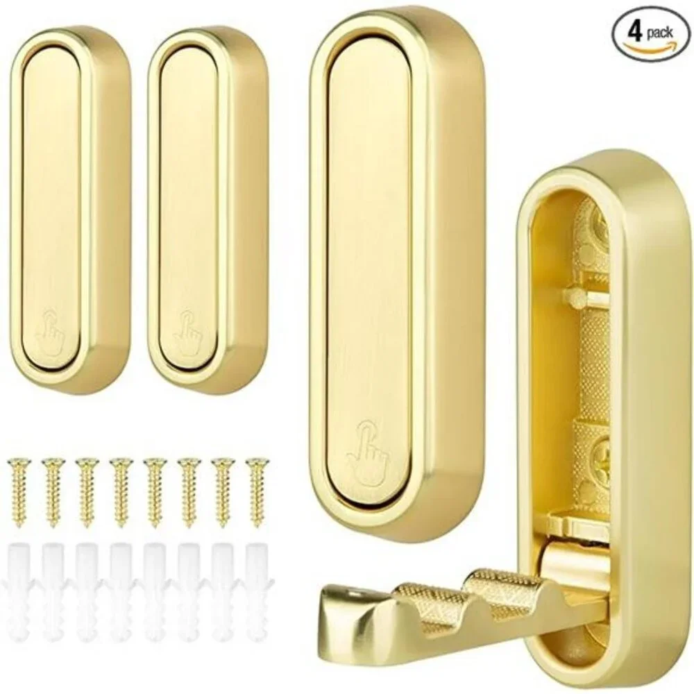 Gold Wall Hooks Foldable Heavy Duty Coat Towel Bag Backpack Hangers Set of 4 Pc